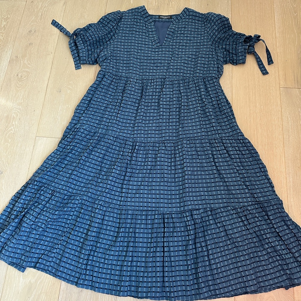 Theenkoln dark blue gingham puff sleeves empire waist tiered maxi dress sz XL
